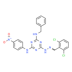 ChemSpider 2D Image | N-Benzyl-6-[2-(2,6-dichlorobenzylidene)hydrazino]-N'-(4-nitrophenyl)-1,3,5-triazine-2,4-diamine | C23H18Cl2N8O2