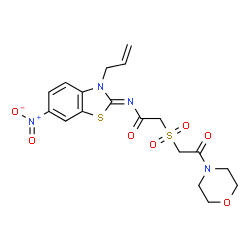 ChemSpider 2D Image | N-[(2Z)-3-Allyl-6-nitro-1,3-benzothiazol-2(3H)-ylidene]-2-{[2-(4-morpholinyl)-2-oxoethyl]sulfonyl}acetamide | C18H20N4O7S2