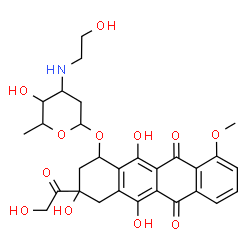 ChemSpider 2D Image | 3-Glycoloyl-3,5,12-trihydroxy-10-methoxy-6,11-dioxo-1,2,3,4,6,11-hexahydro-1-tetracenyl 2,3,6-trideoxy-3-[(2-hydroxyethyl)amino]hexopyranoside | C29H33NO12