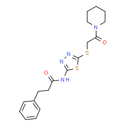 ChemSpider 2D Image | N-(5-{[2-Oxo-2-(1-piperidinyl)ethyl]sulfanyl}-1,3,4-thiadiazol-2-yl)-3-phenylpropanamide | C18H22N4O2S2