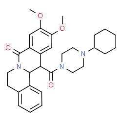ChemSpider 2D Image | 13-[(4-Cyclohexyl-1-piperazinyl)carbonyl]-10,11-dimethoxy-5,6,13,13a-tetrahydro-8H-isoquinolino[3,2-a]isoquinolin-8-one | C30H37N3O4