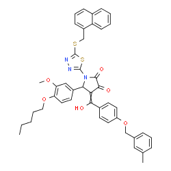 ChemSpider 2D Image | 4-(Hydroxy{4-[(3-methylbenzyl)oxy]phenyl}methylene)-5-[3-methoxy-4-(pentyloxy)phenyl]-1-{5-[(1-naphthylmethyl)sulfanyl]-1,3,4-thiadiazol-2-yl}-2,3-pyrrolidinedione | C44H41N3O6S2