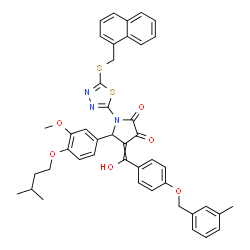 ChemSpider 2D Image | 4-(Hydroxy{4-[(3-methylbenzyl)oxy]phenyl}methylene)-5-[3-methoxy-4-(3-methylbutoxy)phenyl]-1-{5-[(1-naphthylmethyl)sulfanyl]-1,3,4-thiadiazol-2-yl}-2,3-pyrrolidinedione | C44H41N3O6S2