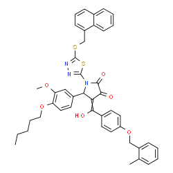 ChemSpider 2D Image | 4-(Hydroxy{4-[(2-methylbenzyl)oxy]phenyl}methylene)-5-[3-methoxy-4-(pentyloxy)phenyl]-1-{5-[(1-naphthylmethyl)sulfanyl]-1,3,4-thiadiazol-2-yl}-2,3-pyrrolidinedione | C44H41N3O6S2