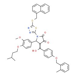 ChemSpider 2D Image | 4-(Hydroxy{4-[(2-methylbenzyl)oxy]phenyl}methylene)-5-[3-methoxy-4-(3-methylbutoxy)phenyl]-1-{5-[(1-naphthylmethyl)sulfanyl]-1,3,4-thiadiazol-2-yl}-2,3-pyrrolidinedione | C44H41N3O6S2