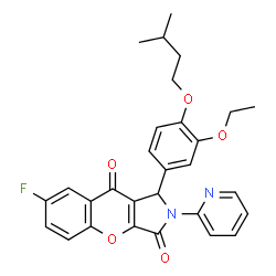 ChemSpider 2D Image | 1-[3-Ethoxy-4-(3-methylbutoxy)phenyl]-7-fluoro-2-(2-pyridinyl)-1,2-dihydrochromeno[2,3-c]pyrrole-3,9-dione | C29H27FN2O5