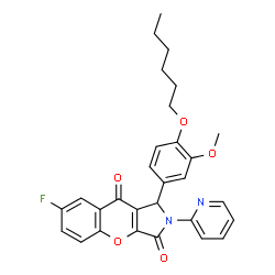 ChemSpider 2D Image | 7-Fluoro-1-[4-(hexyloxy)-3-methoxyphenyl]-2-(2-pyridinyl)-1,2-dihydrochromeno[2,3-c]pyrrole-3,9-dione | C29H27FN2O5