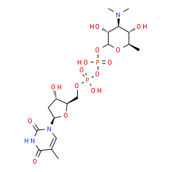 ChemSpider 2D Image | (3R,4S,5S,6R)-4-(Dimethylamino)-3,5-dihydroxy-6-methyltetrahydro-2H-pyran-2-yl [(2R,3S,5R)-3-hydroxy-5-(5-methyl-2,4-dioxo-3,4-dihydro-1(2H)-pyrimidinyl)tetrahydro-2-furanyl]methyl dihydrogen diphosph
ate | C18H31N3O14P2