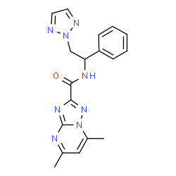 ChemSpider 2D Image | 5,7-Dimethyl-N-[1-phenyl-2-(2H-1,2,3-triazol-2-yl)ethyl][1,2,4]triazolo[1,5-a]pyrimidine-2-carboxamide | C18H18N8O