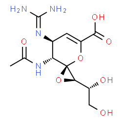ChemSpider 2D Image | (2R,3S,7S,8R)-8-Acetamido-7-[(diaminomethylene)amino]-2-[(1R)-1,2-dihydroxyethyl]-1,4-dioxaspiro[2.5]oct-5-ene-5-carboxylic acid | C12H18N4O7