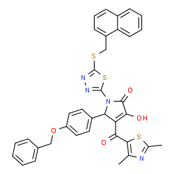ChemSpider 2D Image | 5-[4-(Benzyloxy)phenyl]-4-[(2,4-dimethyl-1,3-thiazol-5-yl)carbonyl]-3-hydroxy-1-{5-[(1-naphthylmethyl)sulfanyl]-1,3,4-thiadiazol-2-yl}-1,5-dihydro-2H-pyrrol-2-one | C36H28N4O4S3