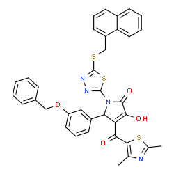 ChemSpider 2D Image | 5-[3-(Benzyloxy)phenyl]-4-[(2,4-dimethyl-1,3-thiazol-5-yl)carbonyl]-3-hydroxy-1-{5-[(1-naphthylmethyl)sulfanyl]-1,3,4-thiadiazol-2-yl}-1,5-dihydro-2H-pyrrol-2-one | C36H28N4O4S3