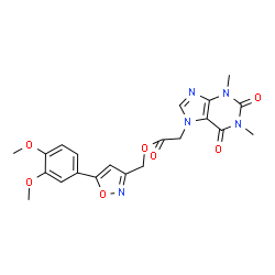 ChemSpider 2D Image | [5-(3,4-Dimethoxyphenyl)-1,2-oxazol-3-yl]methyl (1,3-dimethyl-2,6-dioxo-1,2,3,6-tetrahydro-7H-purin-7-yl)acetate | C21H21N5O7