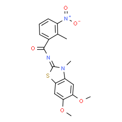 ChemSpider 2D Image | N-(5,6-Dimethoxy-3-methyl-1,3-benzothiazol-2(3H)-ylidene)-2-methyl-3-nitrobenzamide | C18H17N3O5S