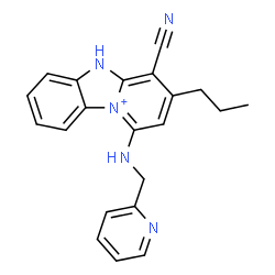 ChemSpider 2D Image | 4-Cyano-3-propyl-1-[(2-pyridinylmethyl)amino]-5H-pyrido[1,2-a][3,1]benzimidazol-10-ium | C21H20N5