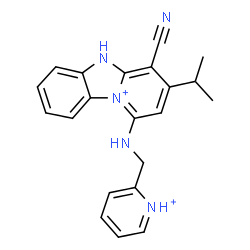 ChemSpider 2D Image | 4-Cyano-3-isopropyl-1-[(2-pyridiniumylmethyl)amino]-5H-pyrido[1,2-a][3,1]benzimidazol-10-ium | C21H21N5
