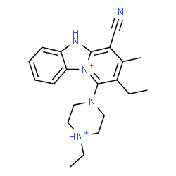ChemSpider 2D Image | 4-Cyano-2-ethyl-1-(4-ethylpiperazin-4-ium-1-yl)-3-methyl-5H-pyrido[1,2-a][3,1]benzimidazol-10-ium | C21H27N5