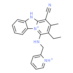 ChemSpider 2D Image | 4-Cyano-2-ethyl-3-methyl-1-[(2-pyridiniumylmethyl)amino]-5H-pyrido[1,2-a][3,1]benzimidazol-10-ium | C21H21N5