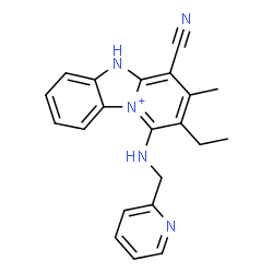ChemSpider 2D Image | 4-Cyano-2-ethyl-3-methyl-1-[(2-pyridinylmethyl)amino]-5H-pyrido[1,2-a][3,1]benzimidazol-10-ium | C21H20N5