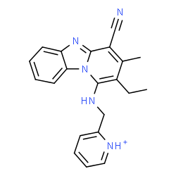 ChemSpider 2D Image | 2-{[(4-Cyano-2-ethyl-3-methylpyrido[1,2-a]benzimidazol-1-yl)amino]methyl}pyridinium | C21H20N5