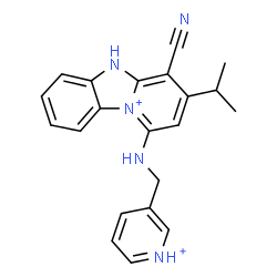 ChemSpider 2D Image | 4-Cyano-3-isopropyl-1-[(3-pyridiniumylmethyl)amino]-5H-pyrido[1,2-a][3,1]benzimidazol-10-ium | C21H21N5