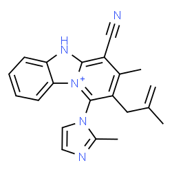 ChemSpider 2D Image | 4-Cyano-3-methyl-1-(2-methyl-1H-imidazol-1-yl)-2-(2-methyl-2-propen-1-yl)-5H-pyrido[1,2-a][3,1]benzimidazol-10-ium | C21H20N5