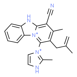 ChemSpider 2D Image | 4-Cyano-3-methyl-1-(2-methyl-1H-imidazol-3-ium-3-yl)-2-(2-methyl-2-propen-1-yl)-5H-pyrido[1,2-a][3,1]benzimidazol-10-ium | C21H21N5