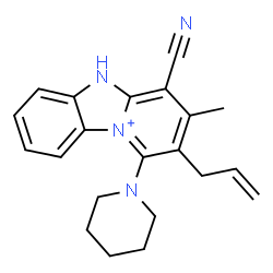 ChemSpider 2D Image | 2-Allyl-4-cyano-3-methyl-1-(1-piperidinyl)-5H-pyrido[1,2-a][3,1]benzimidazol-10-ium | C21H23N4