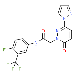 ChemSpider 2D Image | N-[4-Fluoro-3-(trifluoromethyl)phenyl]-2-[6-oxo-3-(1H-pyrazol-1-yl)-1(6H)-pyridazinyl]acetamide | C16H11F4N5O2