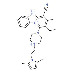ChemSpider 2D Image | 4-Cyano-1-{4-[2-(2,5-dimethyl-1H-pyrrol-1-yl)ethyl]piperazin-4-ium-1-yl}-2-ethyl-3-methyl-5H-pyrido[1,2-a][3,1]benzimidazol-10-ium | C27H34N6