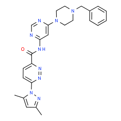 ChemSpider 2D Image | N-[6-(4-Benzyl-1-piperazinyl)-4-pyrimidinyl]-6-(3,5-dimethyl-1H-pyrazol-1-yl)-3-pyridazinecarboxamide | C25H27N9O