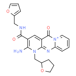 ChemSpider 2D Image | 2-Amino-3-[(2-furylmethyl)carbamoyl]-5-oxo-1-(tetrahydro-2-furanylmethyl)-1,5-dihydrodipyrido[1,2-a:2',3'-d]pyrimidin-6-ium | C22H22N5O4