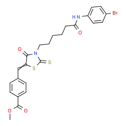ChemSpider 2D Image | Methyl 4-[(3-{6-[(4-bromophenyl)amino]-6-oxohexyl}-4-oxo-2-thioxo-1,3-thiazolidin-5-ylidene)methyl]benzoate | C24H23BrN2O4S2
