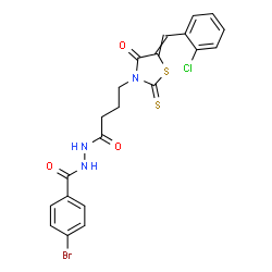 ChemSpider 2D Image | 4-Bromo-N'-{4-[5-(2-chlorobenzylidene)-4-oxo-2-thioxo-1,3-thiazolidin-3-yl]butanoyl}benzohydrazide | C21H17BrClN3O3S2