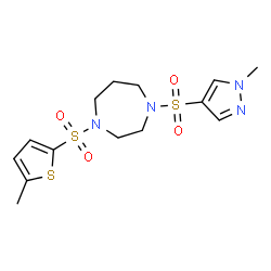 ChemSpider 2D Image | 1-[(1-Methyl-1H-pyrazol-4-yl)sulfonyl]-4-[(5-methyl-2-thienyl)sulfonyl]-1,4-diazepane | C14H20N4O4S3