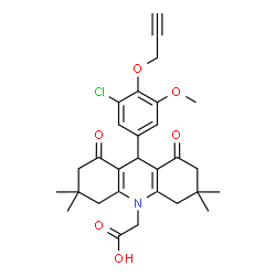ChemSpider 2D Image | {9-[3-Chloro-5-methoxy-4-(2-propyn-1-yloxy)phenyl]-3,3,6,6-tetramethyl-1,8-dioxo-2,3,4,5,6,7,8,9-octahydro-10(1H)-acridinyl}acetic acid | C29H32ClNO6