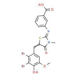 ChemSpider 2D Image | 3-{(Z)-[5-(2,3-Dibromo-4-hydroxy-5-methoxybenzylidene)-3-methyl-4-oxo-1,3-thiazolidin-2-ylidene]amino}benzoic acid | C19H14Br2N2O5S
