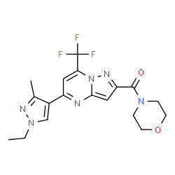 ChemSpider 2D Image | [5-(1-Ethyl-3-methyl-1H-pyrazol-4-yl)-7-(trifluoromethyl)pyrazolo[1,5-a]pyrimidin-2-yl](4-morpholinyl)methanone | C18H19F3N6O2