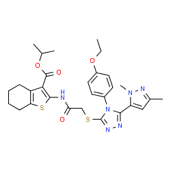 ChemSpider 2D Image | Isopropyl 2-[({[5-(1,3-dimethyl-1H-pyrazol-5-yl)-4-(4-ethoxyphenyl)-4H-1,2,4-triazol-3-yl]sulfanyl}acetyl)amino]-4,5,6,7-tetrahydro-1-benzothiophene-3-carboxylate | C29H34N6O4S2