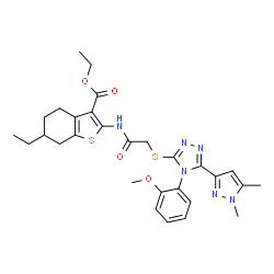 ChemSpider 2D Image | Ethyl 2-[({[5-(1,5-dimethyl-1H-pyrazol-3-yl)-4-(2-methoxyphenyl)-4H-1,2,4-triazol-3-yl]sulfanyl}acetyl)amino]-6-ethyl-4,5,6,7-tetrahydro-1-benzothiophene-3-carboxylate | C29H34N6O4S2