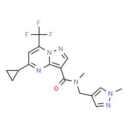 ChemSpider 2D Image | 5-Cyclopropyl-N-methyl-N-[(1-methyl-1H-pyrazol-4-yl)methyl]-7-(trifluoromethyl)pyrazolo[1,5-a]pyrimidine-3-carboxamide | C17H17F3N6O