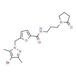 ChemSpider 2D Image | 5-[(4-Bromo-3,5-dimethyl-1H-pyrazol-1-yl)methyl]-N-[3-(2-oxo-1-pyrrolidinyl)propyl]-2-furamide | C18H23BrN4O3