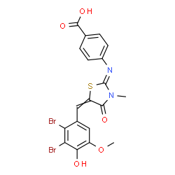 ChemSpider 2D Image | 4-{(Z)-[5-(2,3-Dibromo-4-hydroxy-5-methoxybenzylidene)-3-methyl-4-oxo-1,3-thiazolidin-2-ylidene]amino}benzoic acid | C19H14Br2N2O5S