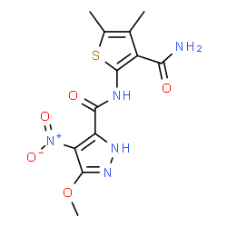 ChemSpider 2D Image | N-(3-Carbamoyl-4,5-dimethyl-2-thienyl)-3-methoxy-4-nitro-1H-pyrazole-5-carboxamide | C12H13N5O5S