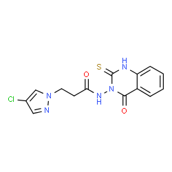 ChemSpider 2D Image | 1H-pyrazole-1-propanamide, 4-chloro-N-(2-mercapto-4-oxo-3(4H)-quinazolinyl)- | C14H12ClN5O2S