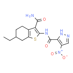 ChemSpider 2D Image | N-(3-Carbamoyl-6-ethyl-4,5,6,7-tetrahydro-1-benzothiophen-2-yl)-4-nitro-1H-pyrazole-5-carboxamide | C15H17N5O4S