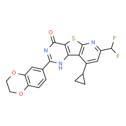 ChemSpider 2D Image | 9-Cyclopropyl-7-(difluoromethyl)-2-(2,3-dihydro-1,4-benzodioxin-6-yl)pyrido[3',2':4,5]thieno[3,2-d]pyrimidin-4(1H)-one | C21H15F2N3O3S