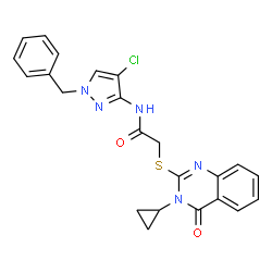 ChemSpider 2D Image | N-(1-Benzyl-4-chloro-1H-pyrazol-3-yl)-2-[(3-cyclopropyl-4-oxo-3,4-dihydro-2-quinazolinyl)sulfanyl]acetamide | C23H20ClN5O2S