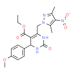 ChemSpider 2D Image | Ethyl 6-[(3,5-dimethyl-4-nitro-1H-pyrazol-1-yl)methyl]-1,2,3,4-tetrahydro-4-(4-methoxyphenyl)-2-oxo-5-pyrimidinecarboxylate | C20H23N5O6