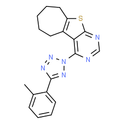 ChemSpider 2D Image | 4-[5-(2-Methylphenyl)-2H-tetrazol-2-yl]-6,7,8,9-tetrahydro-5H-cyclohepta[4,5]thieno[2,3-d]pyrimidine | C19H18N6S